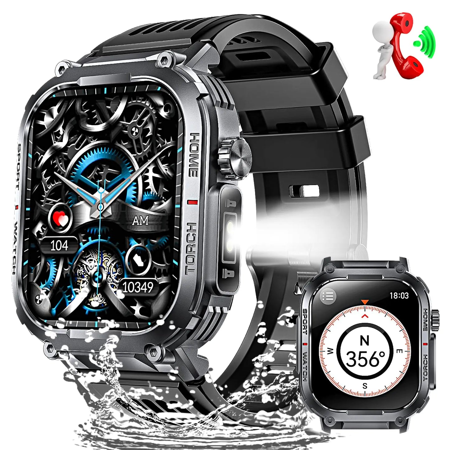 Military Smart Watches for Men with Bluetooth Call LED Flashlight Compass 2.02" Screen 3ATM Waterproof Smartwatch with Sport Modes Heart Rate Sleep Monitor 400mAh Rugged Smartwatch for iPhone Android