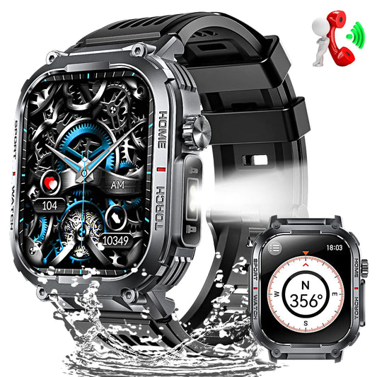 Military Smart Watches for Men with Bluetooth Call LED Flashlight Compass 2.02" Screen 3ATM Waterproof Smartwatch with Sport Modes Heart Rate Sleep Monitor 400mAh Rugged Smartwatch for iPhone Android